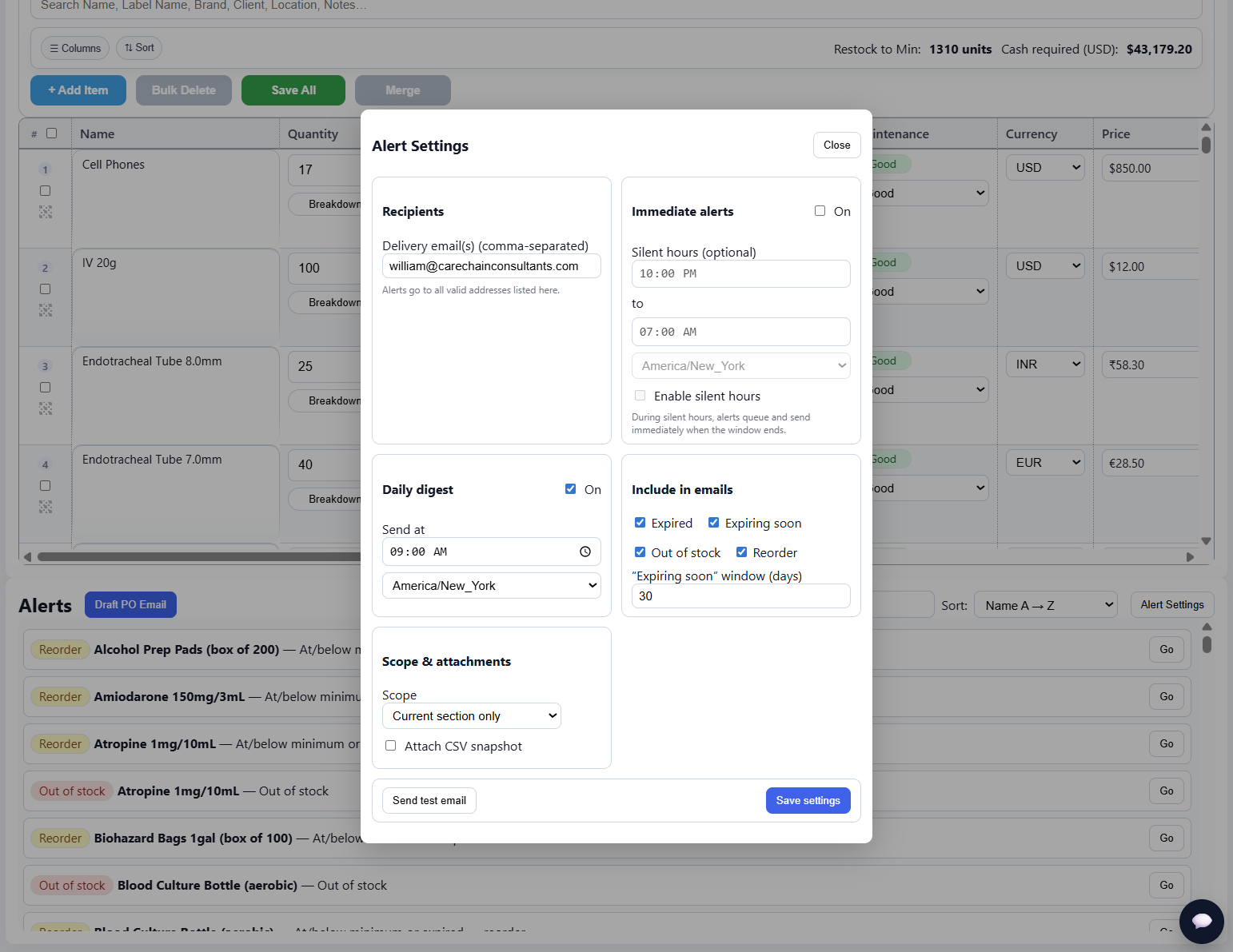 Alerts and replenishment screen