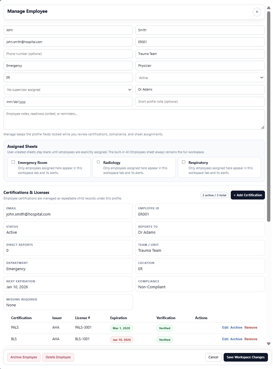 Compliance credential overview showing employee profile and certifications