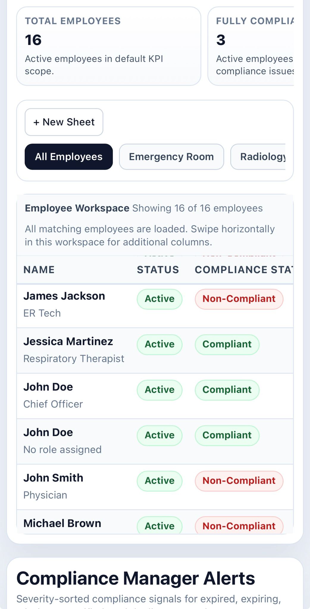 Compliance Manager mobile view with employee workspace and alerts