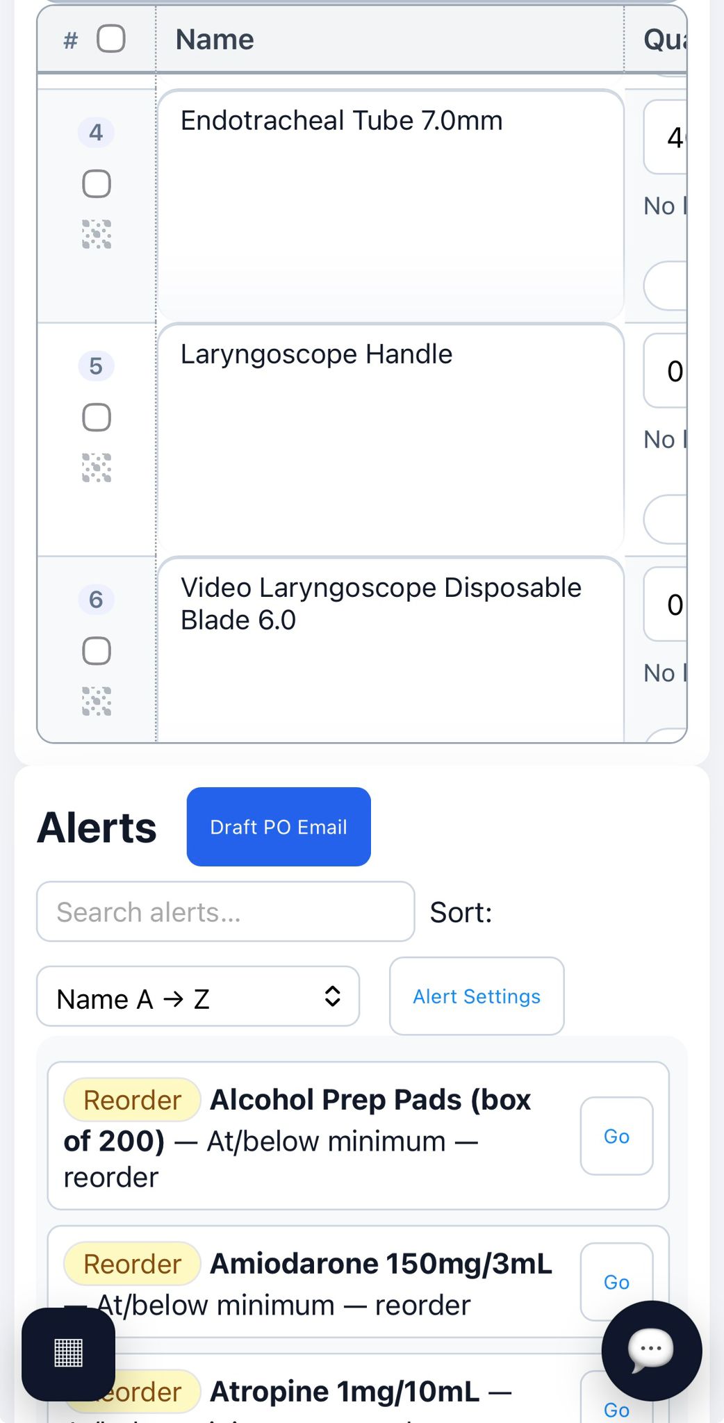 Inventory Manager mobile view showing inventory items and alerts